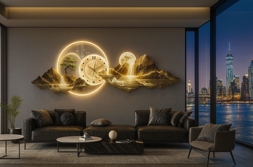 Horloge Murale Panorama Montagne et Lune - Déco Maison Design - Idéal Salon Moderne