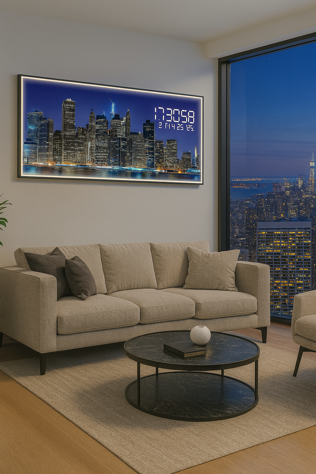 Horloge Murale Panorama - Skyline New York by Night (120x40 / 150x50 / 180x60)
