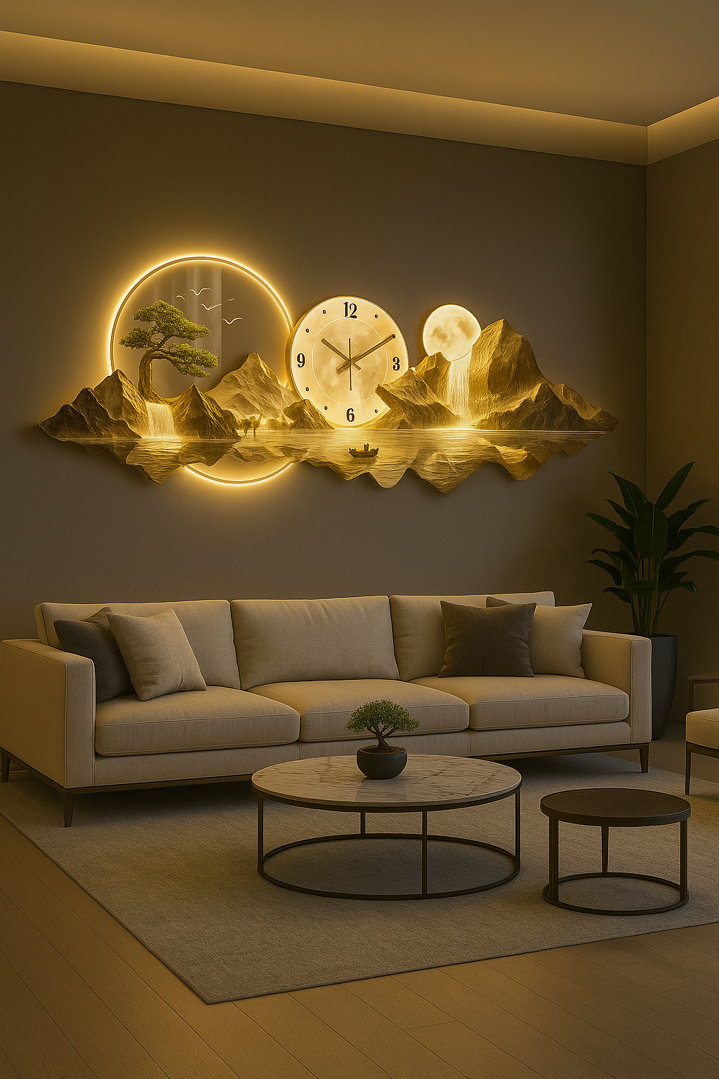 Horloge Murale Panorama Montagne et Lune - Déco Maison Design - Idéal Salon Moderne