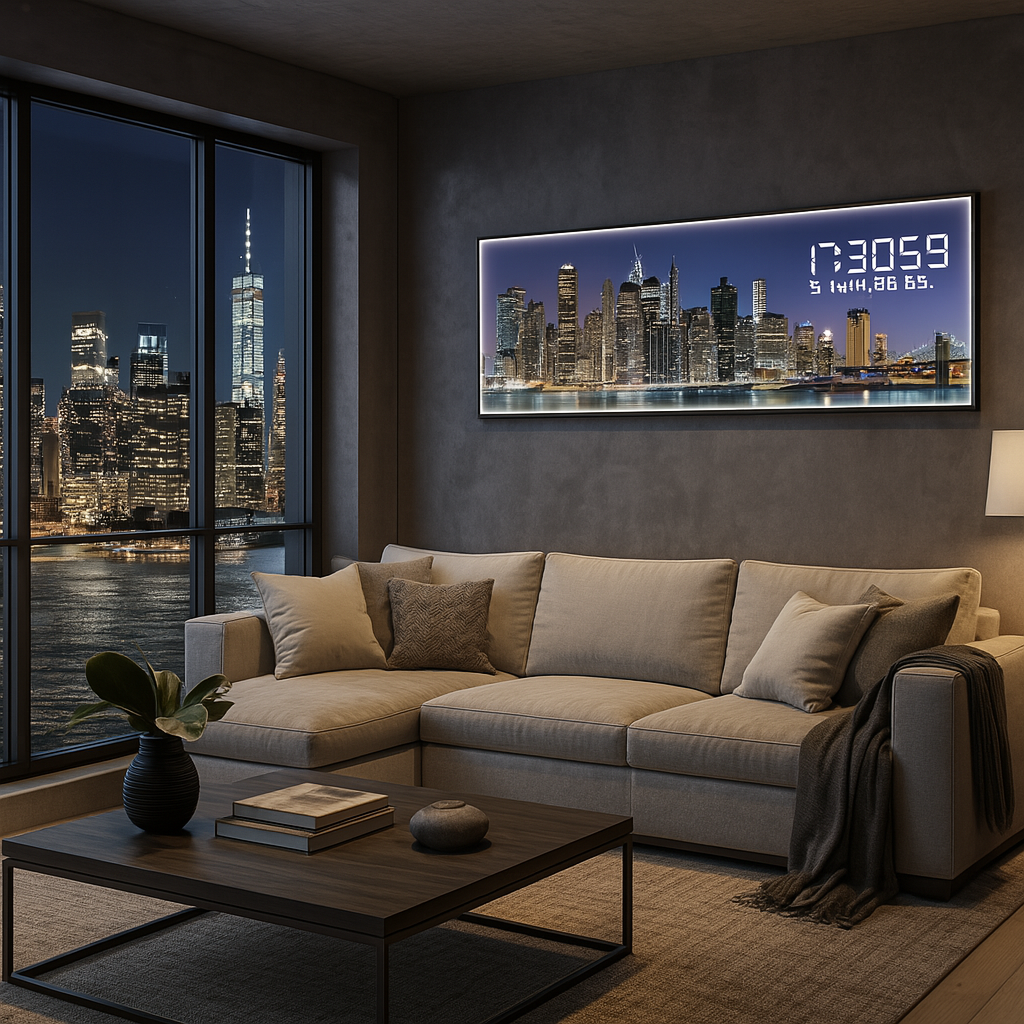 Horloge Murale Panorama - Skyline New York by Night (120x40 / 150x50 / 180x60)