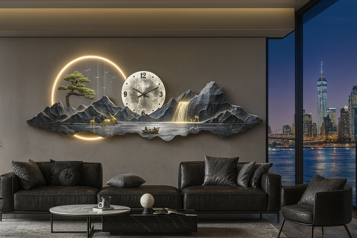 Horloge Murale Panorama Montagne et Lune - Déco Maison Design - Idéal Salon Moderne