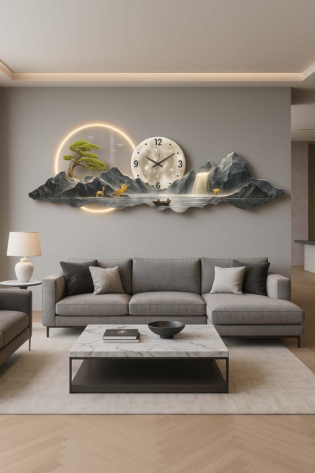 Horloge Murale Panorama Montagne et Lune - Déco Maison Design - Idéal Salon Moderne