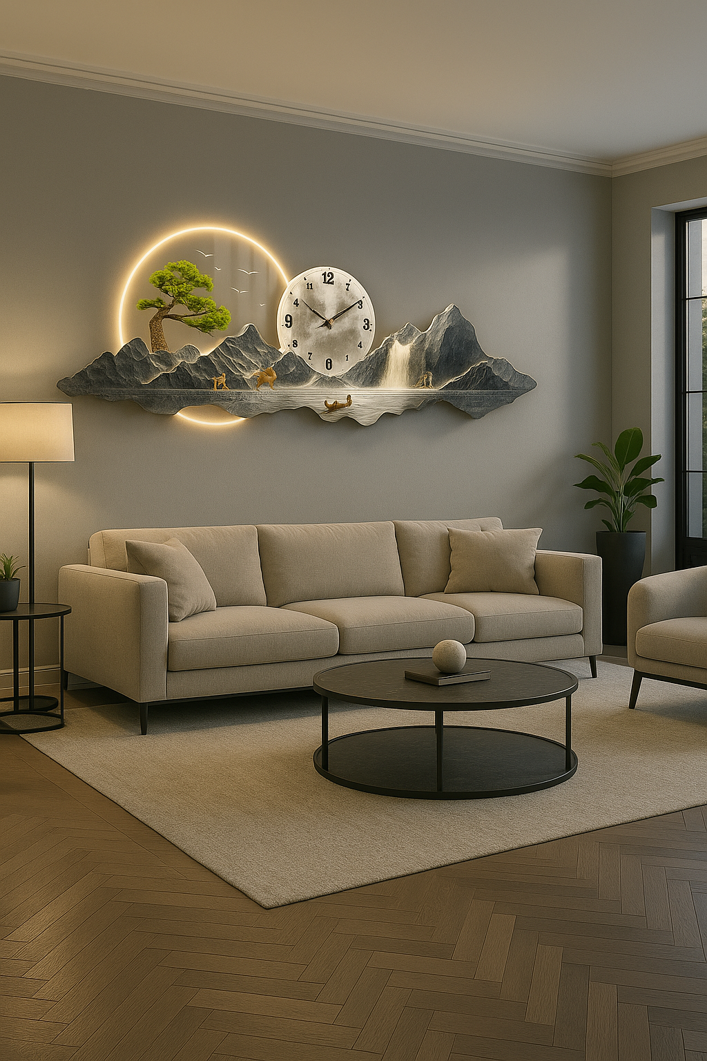 Horloge Murale Panorama Montagne et Lune - Déco Maison Design - Idéal Salon Moderne