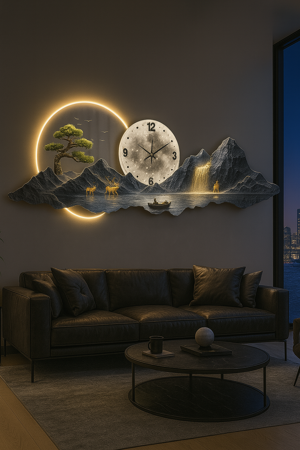 Horloge Murale Panorama Montagne et Lune - Déco Maison Design - Idéal Salon Moderne