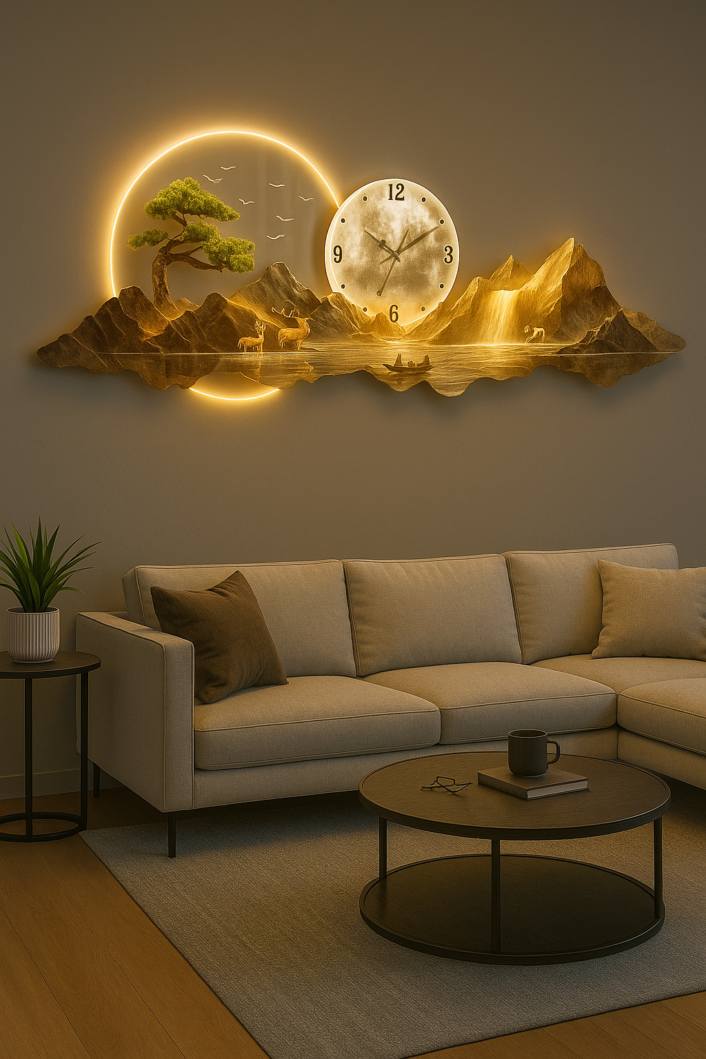 Horloge Murale Panorama Montagne et Lune - Déco Maison Design - Idéal Salon Moderne