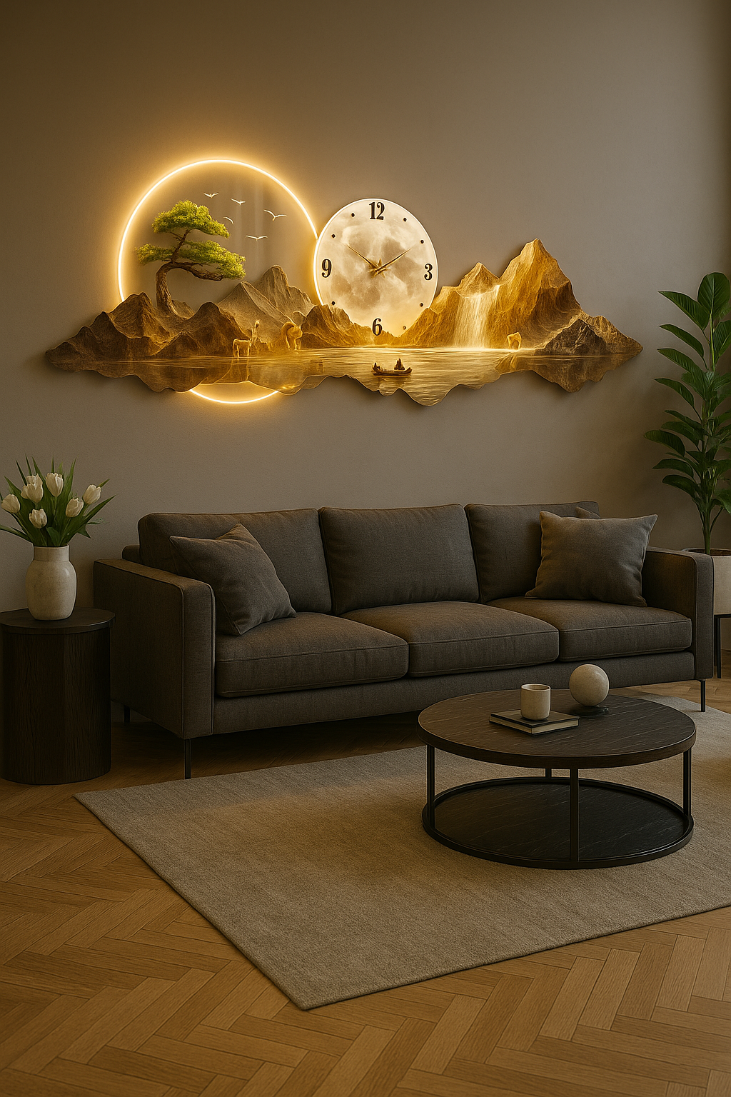 Horloge Murale Panorama Montagne et Lune - Déco Maison Design - Idéal Salon Moderne