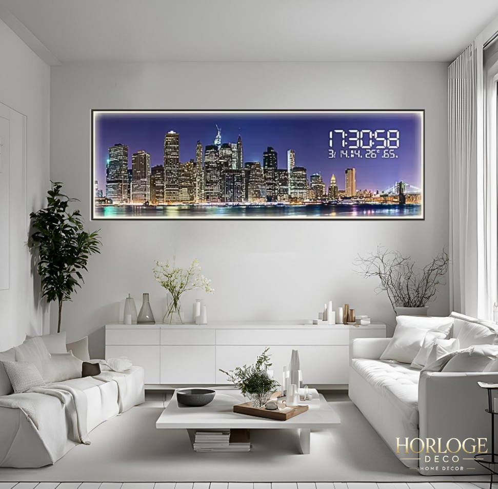 Horloge Murale Panorama - Skyline New York by Night (120x40 / 150x50 / 180x60)