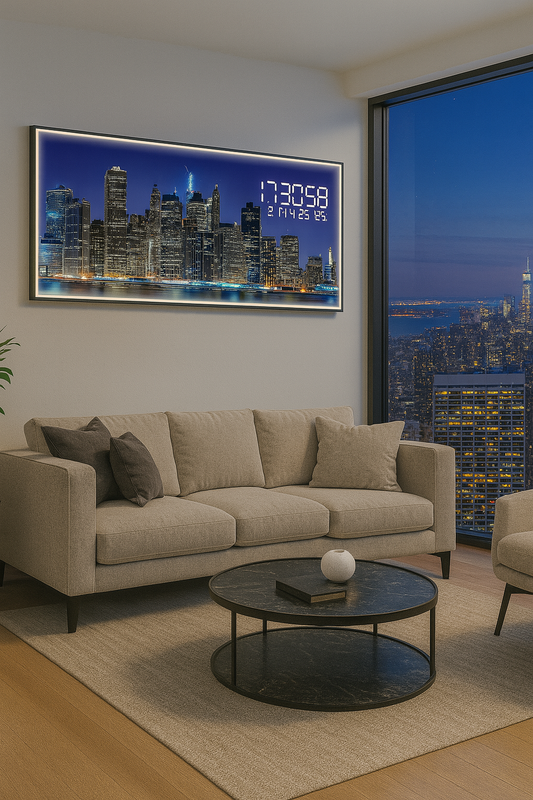 Horloge Murale Panorama - Skyline New York by Night (120x40 / 150x50 / 180x60)