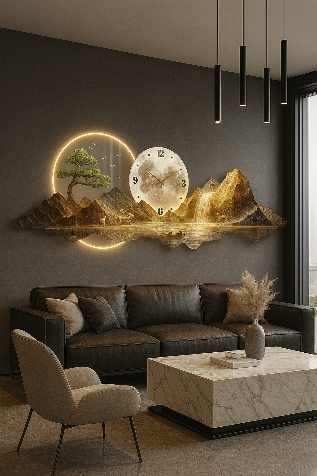 Horloge Murale Panorama Montagne et Lune - Déco Maison Design - Idéal Salon Moderne