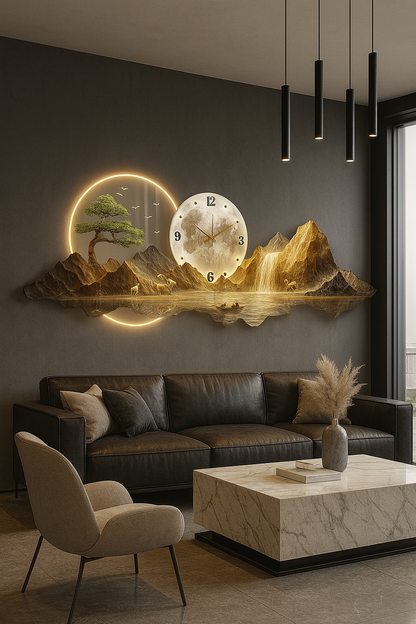 Horloge Murale Panorama Montagne et Lune - Déco Maison Design - Idéal Salon Moderne