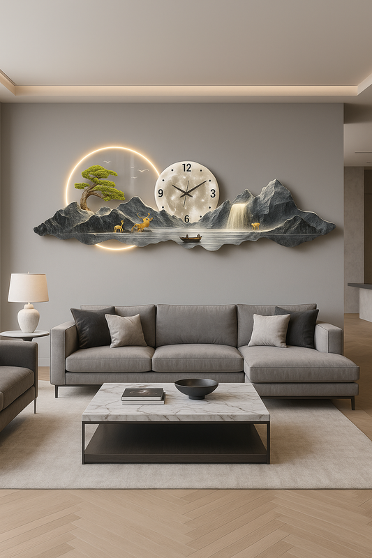 Horloge Murale Panorama Montagne et Lune - Déco Maison Design - Idéal Salon Moderne