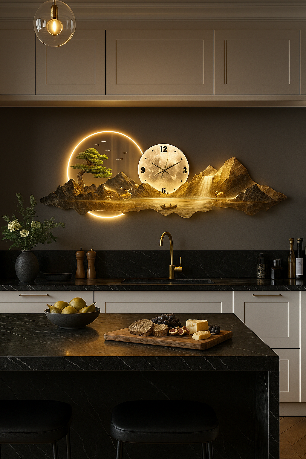Horloge Murale Panorama Montagne et Lune - Déco Maison Design - Idéal Salon Moderne